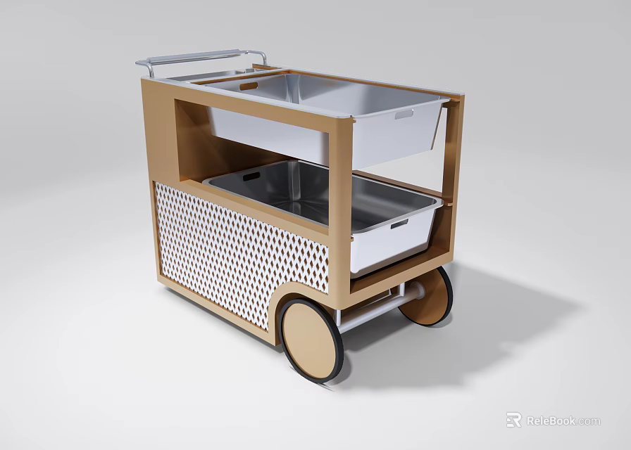 Commercial Kitchen Cart With Wooden Frame Perforated Design Metal Trays And Wheels 3d model 