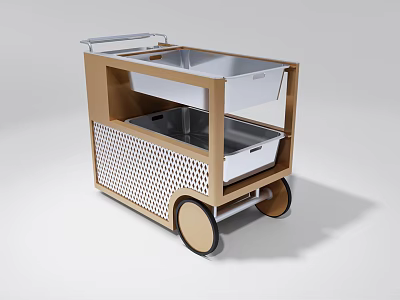 Commercial Kitchen Cart With Wooden Frame Perforated Design Metal Trays And Wheels 3d model