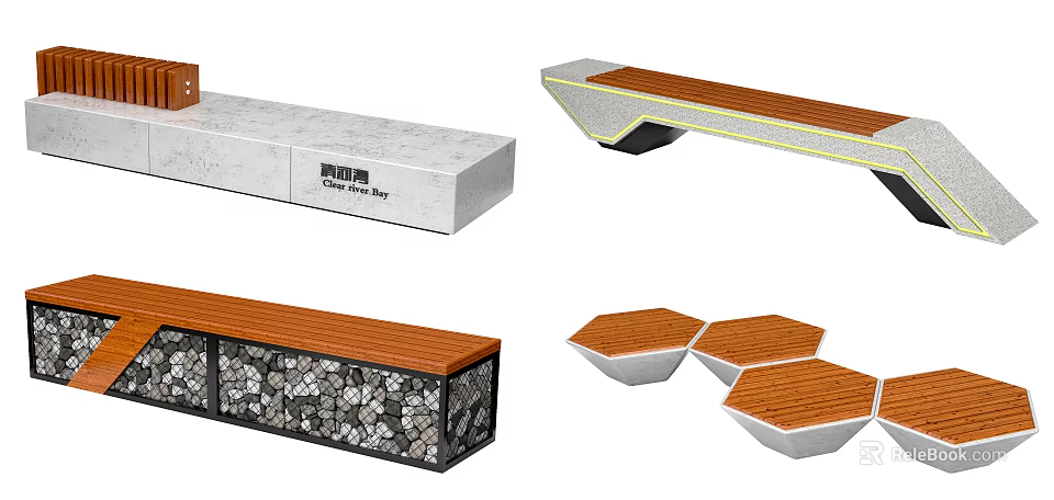 Modern Landscape Seats with Concrete Bases Wooden Tops and Hexagonal Designs 3d model 