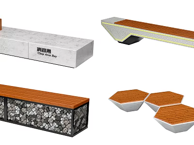 Modern Landscape Seats with Concrete Bases Wooden Tops and Hexagonal Designs 3d model