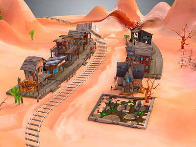 Western Style Wooden Buildings in Desert With Railway Tracks Signboard Small Pond and Dry Trees 3d model