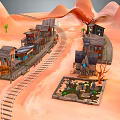Western Style Wooden Buildings in Desert With Railway Tracks Signboard Small Pond and Dry Trees