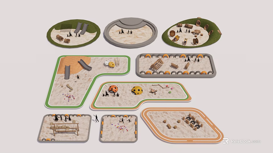 Various Shapes Sandpit Play Areas With Slides Climbing Frames And Green Borders 3d model