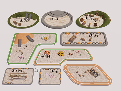 Various Shapes Sandpit Play Areas With Slides Climbing Frames And Green Borders 3d model