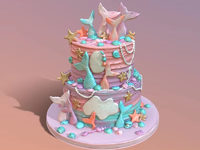Two Tiered Mermaid Themed Cake With Pastel Pink Purple Decorations Stars And Pearls 3d model