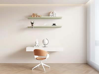 Modern White Desk With Orange Chair And Green Floating Shelves With Decorations 3d model
