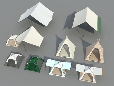 Various Camping Tents With Different Designs And Color Options For Outdoor Use 3d model
