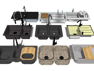Various Types Of Kitchen Sinks Including Double Bowl Single Bowl And Drain Board Designs 3d model