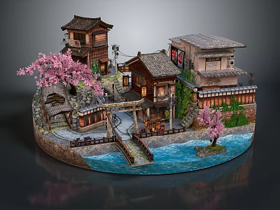 Traditional Japanese Architecture Model Featuring Cherry Blossom Trees Traditional Houses Water Area And Pathway 3d model