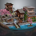 Traditional Japanese Architecture Model Featuring Cherry Blossom Trees Traditional Houses Water Area And Pathway