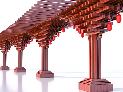 Traditional Wooden Pergola with Red Lanterns Columns and Classic Design 3d model