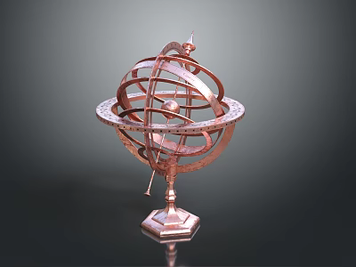 Elegant Copper Ornament Decoration Set With Armillary Sphere Structure Metal Rings And Hexagonal Base 3d model