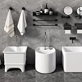 White Washbasins In Modern Bathroom With Grey Wall Towels Shelves Mirrors And Toilet Paper Holders