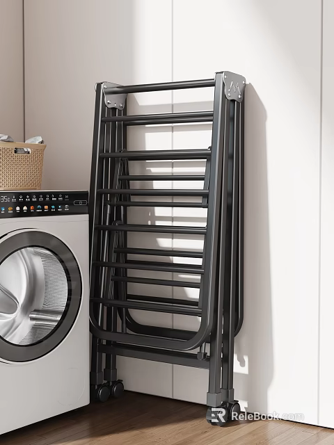 Modern Black Metal Shelf in Laundry Room with Washing Machine and Wicker Basket 3d model 