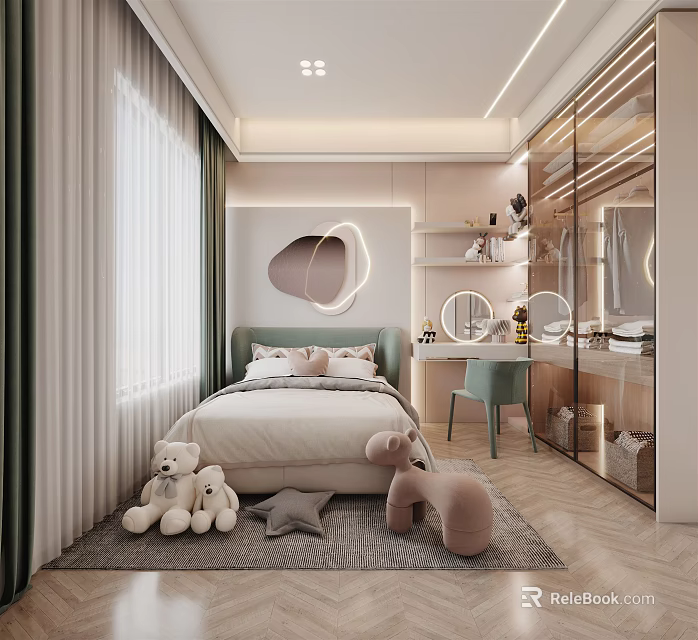 Cozy Kids Room Interior With Bed Stuffed Toys Rug Desk Chair And Decorative Lamp 3d model 