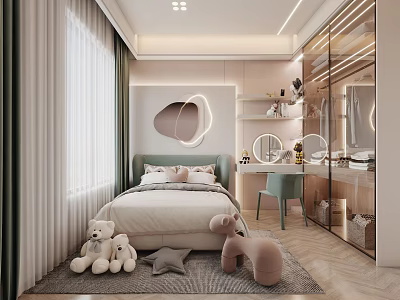Cozy Kids Room Interior With Bed Stuffed Toys Rug Desk Chair And Decorative Lamp 3d model
