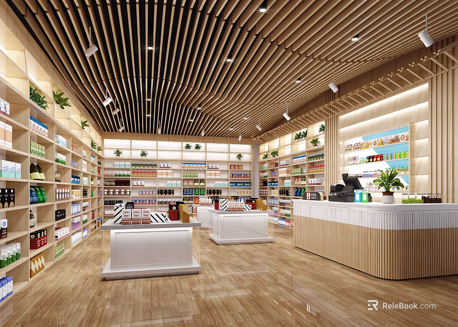 Modern Supermarket Department Store Interior Layout With Shelves Products And Checkout Counter 3d model 