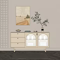 Beige Sideboard with Lattice Doors Drawers and Green Plant on Decorative Panel Wall Wooden Floor