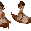Bun Hairstyle Woman In Traditional Outfit On Wooden Boat With Paddle