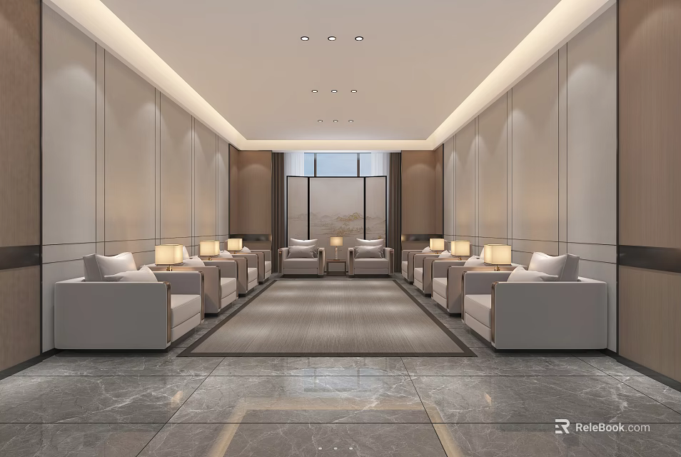 Modern Lobby Interior With Light Colored Sofas Carpet Ceiling Lights And Large Windows 3d model