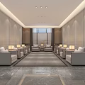 Modern Lobby Interior With Light Colored Sofas Carpet Ceiling Lights And Large Windows 3d model