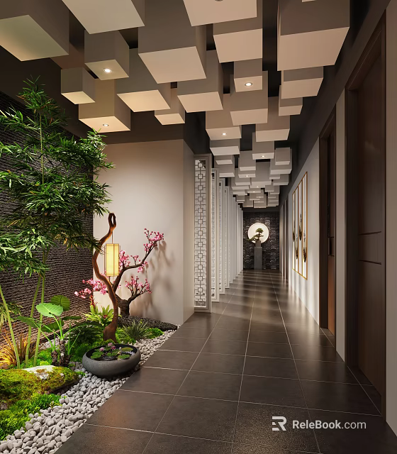 Chinese Style Elevator Hallway With Green Plants Lantern And Moon Gate Design 3d model