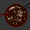 Delicious Red Bowl Soup Served with Noodles Meat Slices Green Onions Chopsticks Spoon