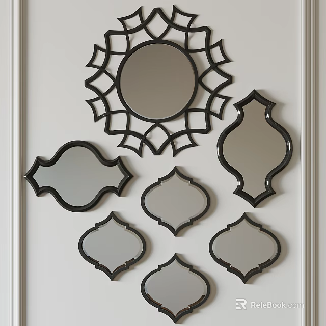 Ornate Decorative Mirrors With Various Geometric Shapes And Black Frames On White Wall 3d model 