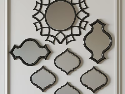 Ornate Decorative Mirrors With Various Geometric Shapes And Black Frames On White Wall 3d model