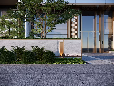 Modern Building Entrance Feature Wall With Stone Surface And Lush Green Plants 3d model
