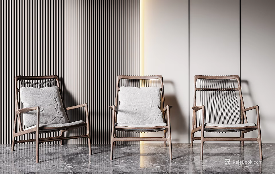 Three Modern Wooden Frame Leisure Chairs With Varied Back Designs Gray Cushions And Striped Wall 3d model 