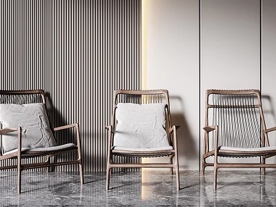 Three Modern Wooden Frame Leisure Chairs With Varied Back Designs Gray Cushions And Striped Wall 3d model