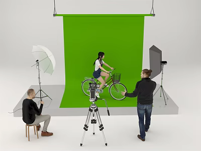 Commercial Photography Equipment Green Screen Backdrop Studio Lighting Gear Tripod Camera Model On Bicycle 3d model
