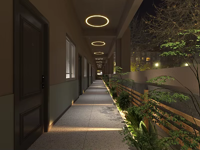 Modern Elevator Corridor With Dark Doors Circular Ceiling Lights Green Plants And Wooden Railings 3d model