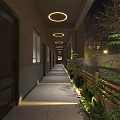Modern Elevator Corridor With Dark Doors Circular Ceiling Lights Green Plants And Wooden Railings