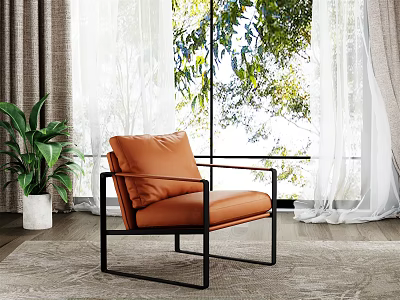 Orange Single Sofa With Black Frame In Bright Interior Near Window And Green Plants 3d model