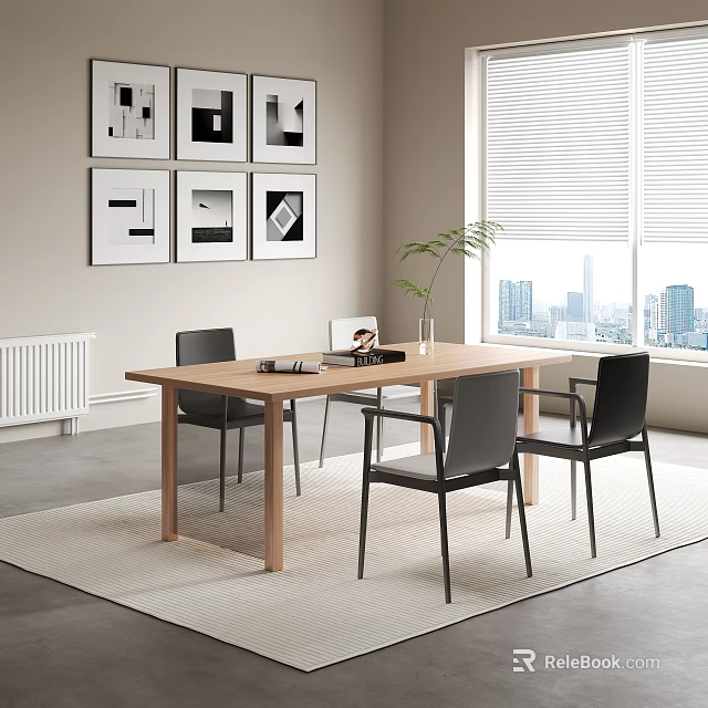 Modern Dining Table Set with Wooden Tabletop Black Chairs and City View 3d model 