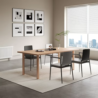 Modern Dining Table Set with Wooden Tabletop Black Chairs and City View 3d model