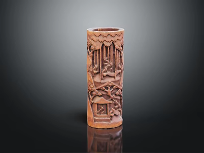 Intricately Carved Wooden Brush Pot With Traditional Scenic Patterns And Cylindrical Shape 3d model