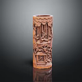 Intricately Carved Wooden Brush Pot With Traditional Scenic Patterns And Cylindrical Shape