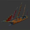 Orange Wooden Boat With Red Sails Sharp Bow And Decorative Hull Design