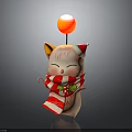Cartoon Pig In Santa Hat With Red White Striped Scarf Holly Branch And Orange Ball