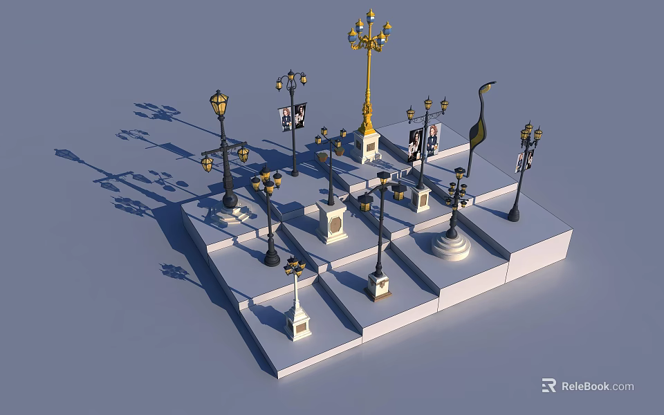 Various Decorative Outdoor Lights with Different Styles on Display Platform 3d model