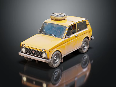 Yellow Retro SUV with Spare Tire on Roof and Classic Body Design 3d model