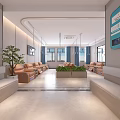 Modern Waiting Area Interior With Comfortable Sofas Green Plants Wall TV And Large Windows 3d model