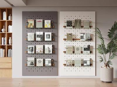 Pegboard Wall Decor Design Gray And White Organized With Framed Items And Books 3d model