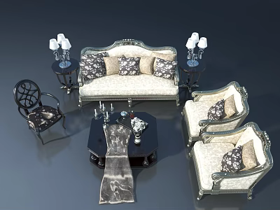 Elegant Classic Living Room Furniture Set With Sofa Chairs Coffee Table And Lamps 3d model