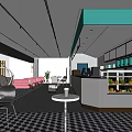 Modern Milk Tea Shop Interior With Checkerboard Floor Pink Sofas Round Tables And Bar Counter