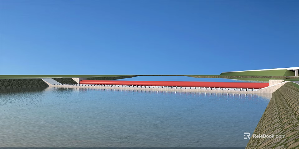 Waterfront Building with Red Roof Against Blue Sky and Calm Water 3d model 
