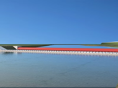 Waterfront Building with Red Roof Against Blue Sky and Calm Water 3d model
